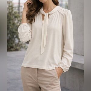 LOFT Ivory Blouse  Tie-Neck Long Sleeve Soft Knit Top size M, Body 100% Cotton